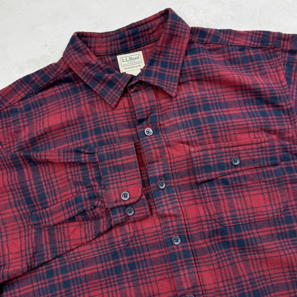 LL Bean Mens XL Traditional Fit Flannel Shirt Red Navy Blue Plaid Cotton